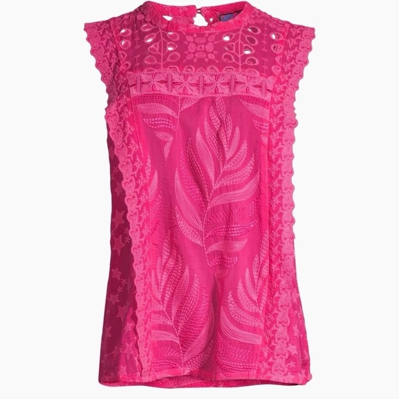 Johnny Was Leafy Concetta Blouse in Pink Size S Sleeveless Embroidered Keyhole